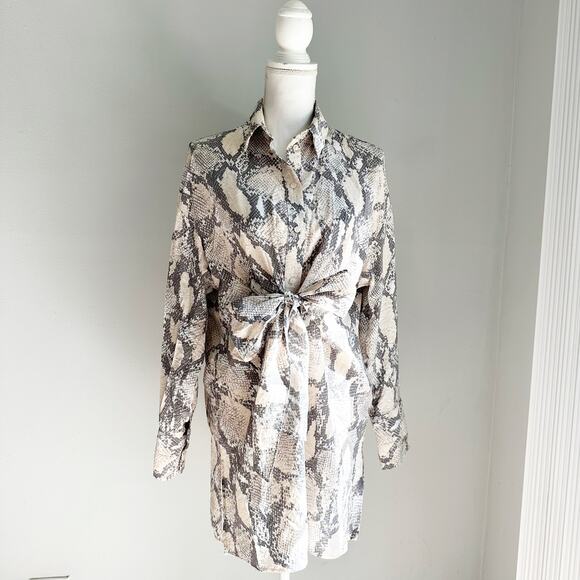 H&M Snakeskin Print Shirt Dress Tunic Top XS Long Sleeve Tie Waist - Picture 1 of 9
